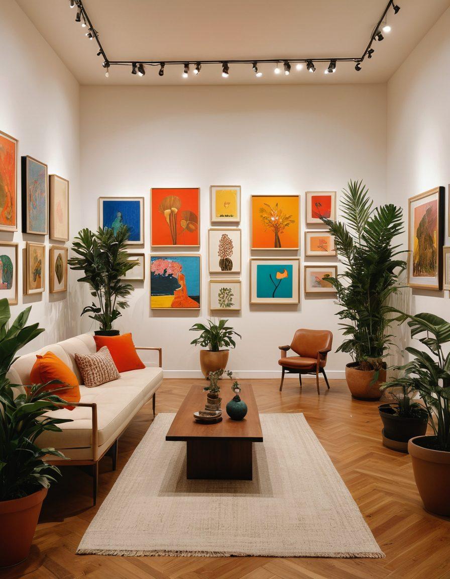 A visually stunning modern art gallery showcasing a beautifully curated collection of artworks. The space is filled with vibrant paintings and sculptures, with visitors appreciating the displayed pieces. Warm, soft lighting enhances the ambiance, creating a romantic atmosphere that embodies love and artistry. Incorporate elements like potted plants and chic furniture to emphasize style. super-realistic. vibrant colors. modern aesthetic.