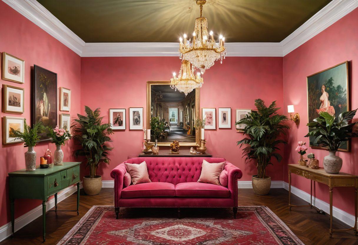 A whimsical art gallery filled with romantic paintings, elegantly arranged sculptures, and couples admiring art together. Soft, warm lighting casts a golden glow over the curated collections, with splashes of red and pink in decor symbolizing love. The walls are adorned with classic romantic artwork and contemporary pieces, creating a fusion of styles. Include elements like a vintage chandelier and lush green plants for a cozy atmosphere. artistic, vibrant colors, romantic style.