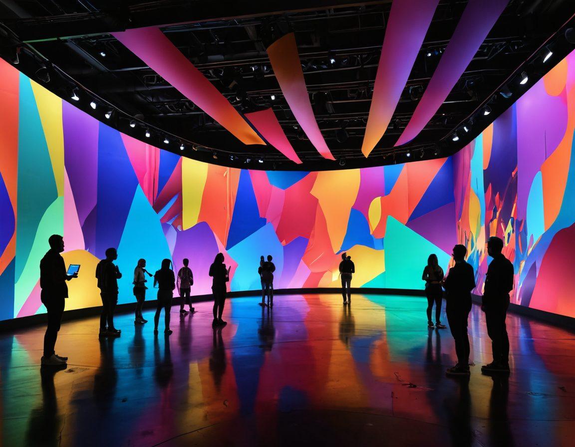 A captivating artistic installation featuring vibrant colors and dynamic shapes, showcasing an audience engaging with the art. The scene is filled with joy and passion as people interact with various multimedia elements, such as projections and sculptures. Incorporate abstract designs and a sense of movement to convey the immersive experience. The setting should be in a modern gallery with soft lighting highlighting the installations. super-realistic. vibrant colors. 3D.